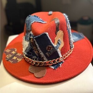Red Patchwork Fedora with Chain Detail